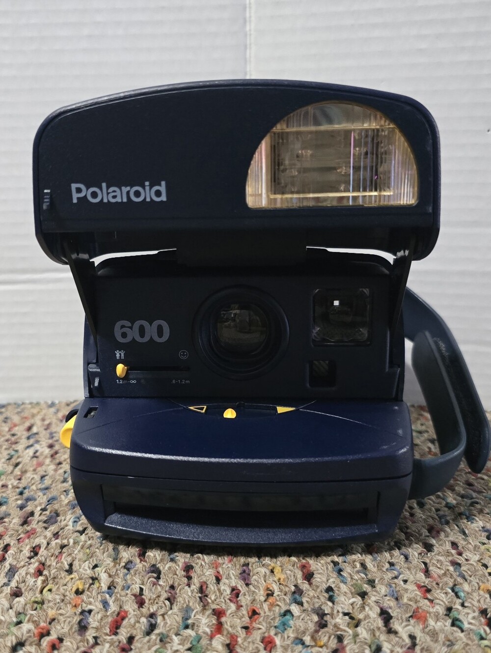 Vintage Polarold 600 Instant Photo Camera Navy Blue Built In Flash Retro